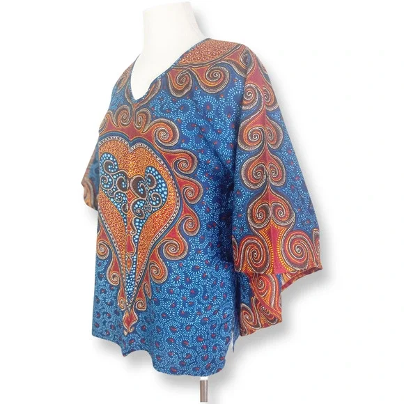 Paranda Talk Of The Town Vintage Batik Batwing Bohemian Ethnic Print V Neck Top - Picture 6 of 8